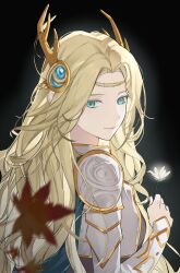 Rule 34 | 1girl, armor, black background, black shirt, blonde hair, cape, copyright request, cygnus (maplestory), dhkqpt, flower, from behind, gradient background, green cape, green eyes, hair ornament, highres, holding, holding flower, jacket, korean commentary, leaf, long hair, long sleeves, looking back, maple leaf, maplestory, parted bangs, shirt, shoulder armor, smile, solo, upper body, white flower, white jacket