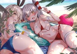 Rule 34 | 2girls, absurdres, amatsukaze (kancolle), ass, ball, beach, beachball, bikini, blonde hair, blush, bracelet, breasts, brown eyes, day, from behind, grey hair, hair tubes, hairband, highres, innertube, jewelry, kantai collection, long hair, looking at viewer, looking back, lying, multiple girls, necklace, ocean, on stomach, open mouth, outdoors, scan, scrunchie, shimakaze (kancolle), simple background, small breasts, sweat, sweatdrop, swim ring, swimsuit, takanashi kei (hitsujikan), thighs, water, wrist scrunchie