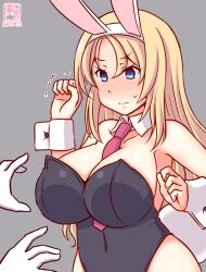 Rule 34 | 1girl, 1other, animal ears, artist logo, between breasts, black leotard, blonde hair, blue eyes, breasts, cleavage, dated, detached collar, grey background, kanon (kurogane knights), kantai collection, large breasts, leotard, long hair, necktie, necktie between breasts, nelson (kancolle), one-hour drawing challenge, playboy bunny, rabbit ears, rabbit tail, red necktie, simple background, strapless, strapless leotard, tail, wrist cuffs