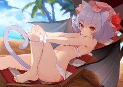 Rule 34 | 1girl, :3, alternate costume, animal ears, armpit peek, barefoot, bat wings, bikini, blurry, blurry background, bow, cat ears, cat tail, chair, closed mouth, cloud, cloudy sky, commentary request, day, depth of field, flat chest, foot out of frame, frills, hat, hat bow, holding leg, kemonomimi mode, knee up, light purple hair, light smile, looking at viewer, mob cap, outdoors, palm tree, pink bikini, pink hat, red bow, red eyes, remilia scarlet, short hair, sitting, sky, solarisu, solo, swimsuit, tail, toes, touhou, tree, umbrella, wings, wrist cuffs