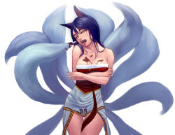 Rule 34 | 1girl, ahri (league of legends), animal ears, bare shoulders, blue hair, breasts, chocolate, chocolate on body, chocolate on breasts, cleavage, crossed arms, crossed legs, facial mark, fox ears, fox tail, highres, korean clothes, lasterk, league of legends, long hair, melting, multiple tails, sitting, solo, tail, tongue, whisker markings, yellow eyes