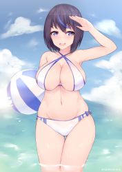 Rule 34 | 1girl, arm up, ball, bare shoulders, beachball, bikini, black hair, blue bikini, blue eyes, blue hair, blush, bow, bowtie, breasts, cleavage, collarbone, dated, gluteal fold, groin, halterneck, kuavera, large breasts, looking at viewer, miyako (kuavera), mole, mole under mouth, multicolored hair, navel, open mouth, original, raised eyebrows, short hair, smile, solo, standing, swimsuit, thigh gap, thighs, twitter username, two-tone bikini, two-tone hair, water, white bikini