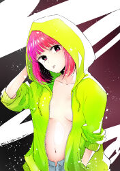 Rule 34 | 1girl, absurdres, arima kana, belly, blush, breasts, collarbone, commentary request, dated, denim, green sweater, hand in pocket, head tilt, highres, hood, hood up, hooded jacket, jacket, jeans, looking at viewer, medium breasts, medium hair, navel, open clothes, open fly, open jacket, oshi no ko, pants, red eyes, red hair, signature, sleeves past elbows, sweater, tongue, tongue out, twitter username, yurigera 8959