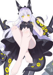 Rule 34 | 1girl, absurdres, azur lane, barefoot, black dress, breasts, dress, from below, headgear, highres, light purple hair, long hair, looking at viewer, observer alpha (azur lane), simple background, siren (azur lane), small breasts, smile, solo, tentacles, tsukikaze aki, white background, yellow eyes