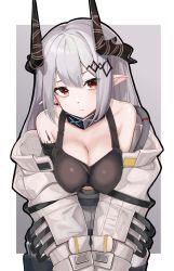 Rule 34 | 1girl, arknights, bare shoulders, black collar, breasts, cleavage, collar, commentary request, cowboy shot, highres, horns, idashige (walkietalkie), infection monitor (arknights), long hair, long sleeves, looking at viewer, material growth, mudrock (arknights), off shoulder, oripathy lesion (arknights), pointy ears, red eyes, silver hair, simple background, solo, sports bra, white background