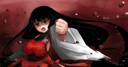 Rule 34 | 1girl, arano oki, bare shoulders, black hair, blunt bangs, breasts, clenched hand, clenched hands, detached sleeves, female focus, fighting stance, halterneck, hime cut, japanese clothes, large breasts, long hair, m.u.g.e.n, miko, nontraditional miko, open mouth, original, rock, sendai hakurei no miko, sideboob, solo, torn clothes, touhou, very long hair, wide sleeves, yellow eyes
