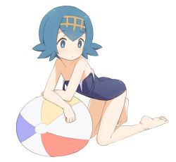 Rule 34 | 1girl, ass, ball, bare legs, bare shoulders, barefoot, beachball, blue eyes, blue hair, blush, closed mouth, coupon (skyth), covered navel, creatures (company), flat chest, full body, game freak, hairband, kneeling, lana (pokemon), legs, looking to the side, nintendo, one-piece swimsuit, pokemon, pokemon sm, short hair, simple background, solo, strap pull, swimsuit, trial captain, white background