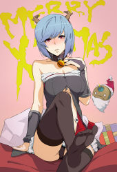 Rule 34 | 1girl, bare shoulders, beard, bell, black thighhighs, box, breasts, bridal gauntlets, christmas, cleavage, collar, facial hair, feet, foot focus, gift, gift box, gloves, hat, kurowa, long legs, looking at viewer, marguerite (unlight), merry christmas, neck bell, outstretched leg, panties, robot, santa hat, socks, soles, solo, thighhighs, toes, underboob, underwear, unlight, zipper