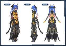 1girl ass blue_hair boots character_sheet concept_art formal_clothes headgear high_heels multiple_views orange_hair phantasy_star phantasy_star_online_2 quna_(pso2) sega simple_background suit turnaround twintails yellow_eyes zelsius