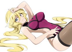 Rule 34 | 1girl, aged up, arm up, blonde hair, blue eyes, breasts, carol malus dienheim, clothing cutout, covered navel, emmxd325, highres, large breasts, long hair, looking at viewer, lying, mole, mole under eye, on back, senki zesshou symphogear, shiny skin, side cutout, sideless outfit, simple background, smile, solo, thighhighs, white background
