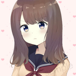 Rule 34 | &gt;:(, 1girl, 7 calpis 7, black sailor collar, blue eyes, blush, brown background, brown hair, brown sweater, clip studio paint (medium), commentary request, heart, light frown, looking at viewer, neckerchief, original, red neckerchief, sailor collar, sample watermark, school uniform, serafuku, shirt, simple background, solo, sweater, upper body, v-shaped eyebrows, watermark, white shirt
