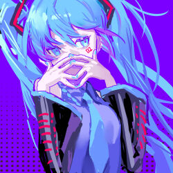 Rule 34 | 1girl, aqua eyes, aqua hair, aqua nails, aqua necktie, black sleeves, chinese commentary, collared shirt, commentary request, detached sleeves, face in hands, grey shirt, hair ornament, halftone, hands up, hatsune miku, highres, kako (pixiv77158173), long hair, messy, necktie, number tattoo, purple background, shirt, solo focus, tattoo, twintails, very long hair, vocaloid