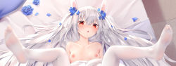Rule 34 | 1girl, animal ears, arms at sides, azur lane, bad id, bad pixiv id, bare shoulders, bed sheet, blue flower, blush, breasts, carpet, chen bin, collarbone, fake animal ears, floor, flower, highres, implied sex, indoors, laffey (azur lane), laffey (white rabbit&#039;s oath) (azur lane), legs up, long hair, looking at viewer, lying, nipples, no shoes, on back, on bed, open mouth, pantyhose, rabbit ears, red eyes, silver hair, small breasts, soles, solo, spread legs, twintails, very long hair, white pantyhose