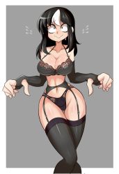 Rule 34 | 1girl, black hair, bra, breasts, cleavage, elbow gloves, gloves, highres, large breasts, lingerie, long hair, lucyfer, noss (rariatto), solo, thighhighs, underwear, vampire