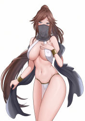 Rule 34 | 1girl, absurdres, bare arms, bare shoulders, bikini, black choker, bracelet, breasts, brown hair, choker, cleavage, closed mouth, commission, cowboy shot, frown, grey eyes, hand on own chest, highres, iro (boo iro), jewelry, khan the swift, large breasts, last origin, long hair, looking at viewer, mouth veil, navel, parted bangs, pelvic curtain, ponytail, revealing clothes, shawl, solo, standing, stomach, swimsuit, thighs, veil, very long hair, white bikini