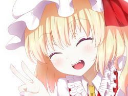 Rule 34 | 1girl, ascot, blonde hair, blush, bow, closed eyes, fangs, flandre scarlet, hat, hat bow, mount whip, red eyes, smile, solo, touhou, white background