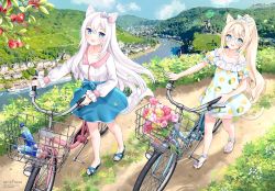 Rule 34 | 2girls, :d, animal ear fluff, animal ears, bare shoulders, bicycle, blonde hair, blue bow, blue dress, blue eyes, blue footwear, blue skirt, blush, bottle, bow, branch, brown footwear, cat ears, cat girl, cat tail, cherry, collarbone, collared shirt, commentary, day, dress, english commentary, flower, food, fruit, glasses, hair bow, lemon print, long hair, long sleeves, looking at viewer, multiple girls, nami (nyaa), off-shoulder dress, off shoulder, open mouth, original, outdoors, pink flower, ponytail, print dress, puffy long sleeves, puffy short sleeves, puffy sleeves, round eyewear, sandals, shirt, short sleeves, skirt, sleeves past wrists, smile, tail, very long hair, walking, water bottle, white hair, white shirt, yellow flower
