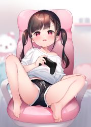 Rule 34 | 1girl, absurdres, bare legs, barefoot, black hair, black shorts, blurry, blurry background, blush, chair, controller, depth of field, fang, game controller, highres, holding, indoors, long hair, looking at viewer, meito (maze), off shoulder, office chair, on chair, open mouth, original, red eyes, shirt, short shorts, short sleeves, shorts, solo, spread legs, swivel chair, twintails, v-shaped eyebrows, white shirt