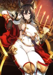 Rule 34 | 1girl, akai kagerou, animal ears, armpits, black hair, breasts, cape, cup, drinking glass, ear ornament, erune, gloves, granblue fantasy, highres, ilsa34660285, long hair, pants, red eyes, sideboob, sitting, white pants, wine glass