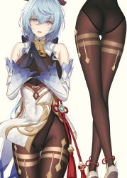 Rule 34 | 1girl, :d, ass, bare shoulders, bell, black gloves, blue hair, bodystocking, breasts, brown legwear, chinese commentary, commentary request, covered navel, cowbell, cowboy shot, crossed legs, detached sleeves, eleaaa, flower knot, from behind, ganyu (genshin impact), genshin impact, gloves, gluteal fold, hair between eyes, highres, horns, large breasts, legs, long hair, long sleeves, looking at viewer, lower body, multiple views, open mouth, own hands together, purple eyes, red ribbon, ribbon, simple background, smile, standing, tassel, thigh gap, twitter username, very long hair, watson cross, white background, white footwear