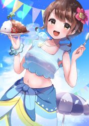 Rule 34 | 1girl, blue sarong, blue shirt, blush, brown hair, cloud, collarbone, commentary request, creatures (company), curry, day, eyelashes, flower, food, game freak, gloria (pokemon), gloria (summer 2021) (pokemon), hair flower, hair ornament, hands up, herunia kokuoji, highres, holding, holding plate, holding spoon, jewelry, lens flare, looking at viewer, navel, necklace, nintendo, official alternate costume, open mouth, outdoors, plate, pokemon, pokemon masters ex, sarong, scrunchie, shirt, short hair, sky, sleeveless, sleeveless shirt, smile, solo, spoon, teeth, tongue, upper teeth only, wrist scrunchie, yellow eyes
