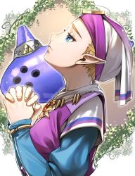 Rule 34 | 1girl, blonde hair, blue sleeves, closed mouth, commentary request, delsaber, dress, fingernails, from side, headdress, highres, instrument, jewelry, lips, long sleeves, looking up, multicolored clothes, multicolored dress, necklace, nintendo, ocarina, own hands together, pointy ears, princess, princess zelda, profile, purple dress, short hair, solo, the legend of zelda, the legend of zelda: ocarina of time, triforce print, white dress