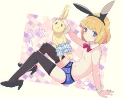 Rule 34 | 1boy, animal ears, arm support, black thighhighs, blonde hair, blue eyes, bow, bowtie, briefs, character request, copyright request, dated, detached collar, high heels, kamaboko red, male focus, male underwear, rabbit ears, red bow, red bowtie, short hair, sitting, solo, stuffed animal, stuffed rabbit, stuffed toy, thighhighs, topless male, trap, underwear