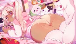 Rule 34 | 1girl, :p, animal ear headphones, animal ears, animal hood, artist name, ass, blonde hair, bottomless, cat ear headphones, controller, dark-skinned female, dark skin, doritos, emiko (corivas), fake animal ears, feet, feet up, food print, from behind, game controller, headphones, highres, hood, hood down, hoodie, long hair, long sleeves, looking at viewer, looking back, lying, merunyaa, no pants, on stomach, original, playing games, purple eyes, signature, solo, strawberry print, stuffed animal, stuffed toy, television, thighhighs, tongue, tongue out, twintails, white thighhighs
