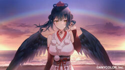 Rule 34 | 1girl, bare shoulders, beach, black hair, black wings, breasts, brown eyes, closed mouth, detached sleeves, double bun, feathered wings, hair bun, hat, japanese clothes, kimono, koori (superumaice), large breasts, long hair, looking at viewer, nijisanji, obi, ocean, official art, pom pom (clothes), rainbow, red hat, sash, sleeveless, sleeveless kimono, smile, solo, sunset, tokin hat, twintails, virtual youtuber, wings, yamagami karuta, yamagami karuta (1st costume)