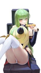 Rule 34 | 1girl, absurdres, black sleeves, c.c., code geass, detached sleeves, eating, eyelashes, food, green hair, highres, holding, holding food, holding pizza, long hair, long sleeves, order of the black knights uniform, panties, pizza, rasipan, sitting, thighhighs, thighs, underwear, white thighhighs, yellow eyes