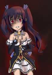 Rule 34 | 1girl, artist request, black hair, breasts, bridal gauntlets, cleavage, corpse party, crossover, dress, female focus, imai asami, long hair, neptune (series), noire (neptunia), parody, red eyes, scared, shinozaki ayumi, solo, twintails, voice actor connection