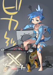 Rule 34 | 1girl, 2023, absurdres, annoyed, artist name, blue eyes, blue hair, blue nails, blue shorts, blush, breasts, character request, commentary request, copyright request, dated, doge, hair ornament, hair up, highres, isedaichi ken, large breasts, long hair, looking at viewer, meme, shorts, solo, standing, twitter username