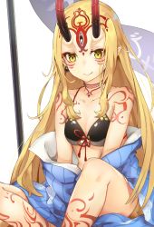 Rule 34 | 1girl, bare shoulders, bikini, black bikini, black cola, blonde hair, blue kimono, blush, breasts, brown eyes, closed mouth, collarbone, commentary request, facial mark, fang, fang out, fate/grand order, fate (series), forehead mark, highres, ibaraki douji (fate), ibaraki douji (fate/grand order), ibaraki douji (swimsuit lancer) (fate), ibaraki douji (swimsuit lancer) (first ascension) (fate), japanese clothes, kimono, long hair, off shoulder, shoulder tattoo, simple background, small breasts, smile, solo, swimsuit, tattoo, translation request, very long hair, white background