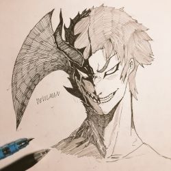 Rule 34 | 1boy, art tools in frame, clenched teeth, collarbone, cross goli, crying, devilman, devilman crybaby, dual persona, english text, fudou akira, greyscale, hatching (texture), head wings, highres, horns, male focus, monochrome, pencil, photo (medium), portrait, sharp teeth, single horn, sketch, smile, solo, teeth, traditional media, upper body, wings