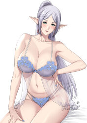 Rule 34 | 1girl, aged up, babydoll, blue babydoll, blue nails, blush, breasts, collarbone, earrings, frieren, green eyes, hand on own hip, highres, jewelry, large breasts, long hair, mature female, multi-strapped panties, nail polish, navel, pointy ears, see-through, shiny skin, sidelocks, signature, simple background, sitting, solo, sousou no frieren, very long hair, white background, white hair, xter