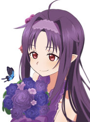 Rule 34 | 1girl, a (tznu7345), absurdres, ahoge, bug, butterfly, closed mouth, dress, fairy (sao), flower, hairband, highres, holding, holding flower, insect, parted bangs, pointy ears, purple dress, purple flower, purple hair, purple hairband, red eyes, sleeveless, sleeveless dress, smile, solo, sword art online, upper body, white background, yuuki (sao)