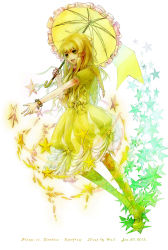 Rule 34 | 1girl, 2013, blonde hair, bracelet, character name, copyright name, dated, dress, green eyes, hair ornament, jewelry, long hair, open mouth, parasol, personification, plants vs zombies, solo, star (symbol), starfruit (pvz), teeth, thighhighs, umbrella, wail (wailwind), white background