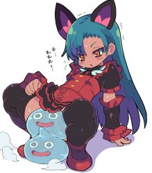 Rule 34 | 1girl, absurdres, animal ears, black bow, black bowtie, black thighhighs, blue hair, blush stickers, bow, bowtie, clothes lift, copyright request, dragon quest, dress, highres, leaning back, long hair, miniskirt, panties, parted lips, puffy short sleeves, puffy sleeves, red dress, red footwear, red panties, ringed eyes, shoes, short sleeves, simple background, skirt, skirt lift, slime (creature), slime (dragon quest), squatting, thighhighs, underwear, white background, wide-eyed, yellow eyes, zankuro