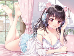 Rule 34 | 1girl, animal ear headphones, animal ears, ass, babydoll, barefoot, bed, bed sheet, black hair, blue shorts, blush, breasts, building, cellphone, city, cleavage, closed mouth, collarbone, day, fake animal ears, feet, hair ribbon, headphones, highres, indoors, leaf, legs, long hair, looking at viewer, lying, mintsu (ichi--kun), non-web source, on bed, on stomach, original, phone, pillow, plant, polka dot, polka dot shorts, purple eyes, ribbon, shelf, shorts, sleepwear, smartphone, smile, soles, solo, the pose, toes, tree, white babydoll, window