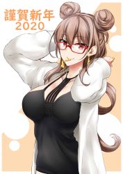 Rule 34 | 1girl, 2020, absurdres, arms up, black dress, breasts, cheese earrings, cleavage, coat, collarbone, double bun, dress, earrings, glasses, hair bun, happy new year, highres, jewelry, large breasts, lindoh flores, long hair, long sleeves, looking at viewer, mouth hold, necklace, new year, open clothes, open coat, orange background, original, red-eyes macadamiachoco, red-framed eyewear, red eyes, solo, teeth, two-tone background, upper teeth only, white coat