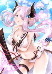 Rule 34 | 10s, 1girl, bare shoulders, beach, bikini, blue eyes, blurry, blush, breast hold, breasts, cleavage, collarbone, cowboy shot, depth of field, double bun, draph, earrings, granblue fantasy, hair ornament, hair over one eye, horns, jewelry, katana, large breasts, light purple hair, long hair, looking at viewer, marusan, medium breasts, narmaya (granblue fantasy), narmaya (summer) (granblue fantasy), parted lips, pointy ears, smile, solo, sweat, swimsuit, sword, thigh strap, unsheathed, weapon, white bikini