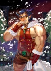Rule 34 | 1boy, bara, bare pectorals, blue hair, blush, bulge, christmas, cowboy shot, dark blue hair, demon boy, facial hair, fang, fiery horns, glasses, highres, horns, icelernd, jewelry, large pectorals, long sideburns, looking at viewer, male focus, muscular, necklace, nipple slip, nipples, pectorals, revealing clothes, scar, shorts, sideburns, snowing, solo, stubble, takemaru (housamo), thick eyebrows, thick thighs, thighs, tokyo houkago summoners, upper body