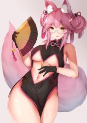 Rule 34 | 1girl, animal ear fluff, animal ears, bare shoulders, bell, black dress, black gloves, breasts, center opening, china dress, chinese clothes, dress, fate/grand order, fate (series), fox ears, fox girl, fox tail, glasses, gloves, hair between eyes, highres, hip focus, jingle bell, john zhang, koyanskaya (chinese lostbelt outfit) (fate), koyanskaya (fate), large breasts, long hair, looking at viewer, navel, parted lips, pink hair, sidelocks, smile, solo, tail, tamamo (fate), tassel, thighs, underboob, yellow eyes