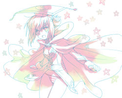 Rule 34 | 1girl, :d, arutopian, blush, breasts, brooch, cape, chinese clothes, cleavage, commentary request, cowboy shot, double bun, dress, guan hat, hair bun, jewelry, long sleeves, looking at viewer, mian guan, open mouth, panties, pointy ears, ragnarok online, short hair, small breasts, smile, solo, star (symbol), striped clothes, striped panties, underwear, wizard (ragnarok online), yin yang, yin yang print