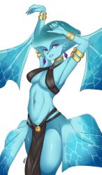Rule 34 | 1girl, absurdres, alternate costume, arm fins, arm up, armlet, arms up, black bra, black skirt, blue skin, bra, bracelet, breasts, colored skin, earrings, fins, fish girl, harem outfit, head fins, highres, jewelry, looking at viewer, medium breasts, morris1611, navel, nintendo, parted lips, princess ruto, purple eyes, simple background, skirt, smile, solo, stomach, the legend of zelda, underwear, white background, yomorio lingerie, zora