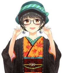 Rule 34 | 1girl, :d, autumn leaves, black-framed eyewear, black hair, blue bow, blush, bow, brown eyes, commentary request, diagonal stripes, fingernails, glasses, green hat, hands up, hat, hat bow, japanese clothes, kimono, leaf, long sleeves, looking at viewer, miyabi akino, nail polish, obi, open mouth, orange kimono, original, pink nails, print kimono, sash, simple background, smile, solo, striped, striped bow, upper body, white background, wide sleeves