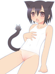 Rule 34 | 00s, 1girl, :o, animal ears, black hair, bottomless, brown eyes, cleft of venus, fang, flat chest, kurappii, kusakabe misao, looking at viewer, lucky star, one-piece swimsuit, one-piece tan, open mouth, purple eyes, purple hair, pussy, school swimsuit, short hair, simple background, solo, swimsuit, tail, tan, tank top, tanline, uncensored, white background, white one-piece swimsuit, white school swimsuit