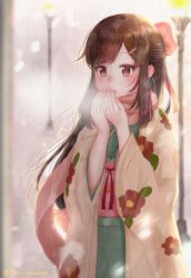 Rule 34 | 1girl, blowing on hands, blush, brown eyes, brown hair, floral print, hands up, highres, japanese clothes, kimono, lamppost, led awaame, long hair, original, pink scarf, scarf, solo, standing, twitter username, wide sleeves