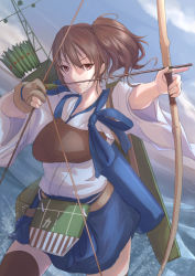 Rule 34 | 10s, 1girl, aiming, antiqq, archery, arrow (projectile), black thighhighs, blue sky, bow (weapon), breasts, brown eyes, brown hair, cowboy shot, day, drawing bow, flight deck, frown, gloves, highres, holding, holding bow (weapon), holding weapon, kaga (kancolle), kantai collection, kyuudou, long hair, muneate, ocean, outdoors, parted lips, partially fingerless gloves, partly fingerless gloves, quiver, side ponytail, single glove, skirt, sky, solo, tasuki, thighhighs, weapon, yugake
