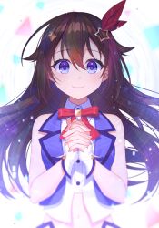 Rule 34 | 1girl, bare shoulders, blouse, blue eyes, blue jacket, blue vest, breasts, brown hair, collared shirt, cropped shirt, cropped vest, hair flaps, hair ornament, hair ribbon, hairclip, highres, hololive, idol, jacket, jenevan, long hair, looking at viewer, midriff, navel, neck ribbon, own hands together, red ribbon, ribbon, shirt, sleeveless, sleeveless jacket, sleeveless shirt, smile, solo, star (symbol), star hair ornament, tokino sora, tokino sora (1st costume), vest, virtual youtuber, white shirt, wrist cuffs